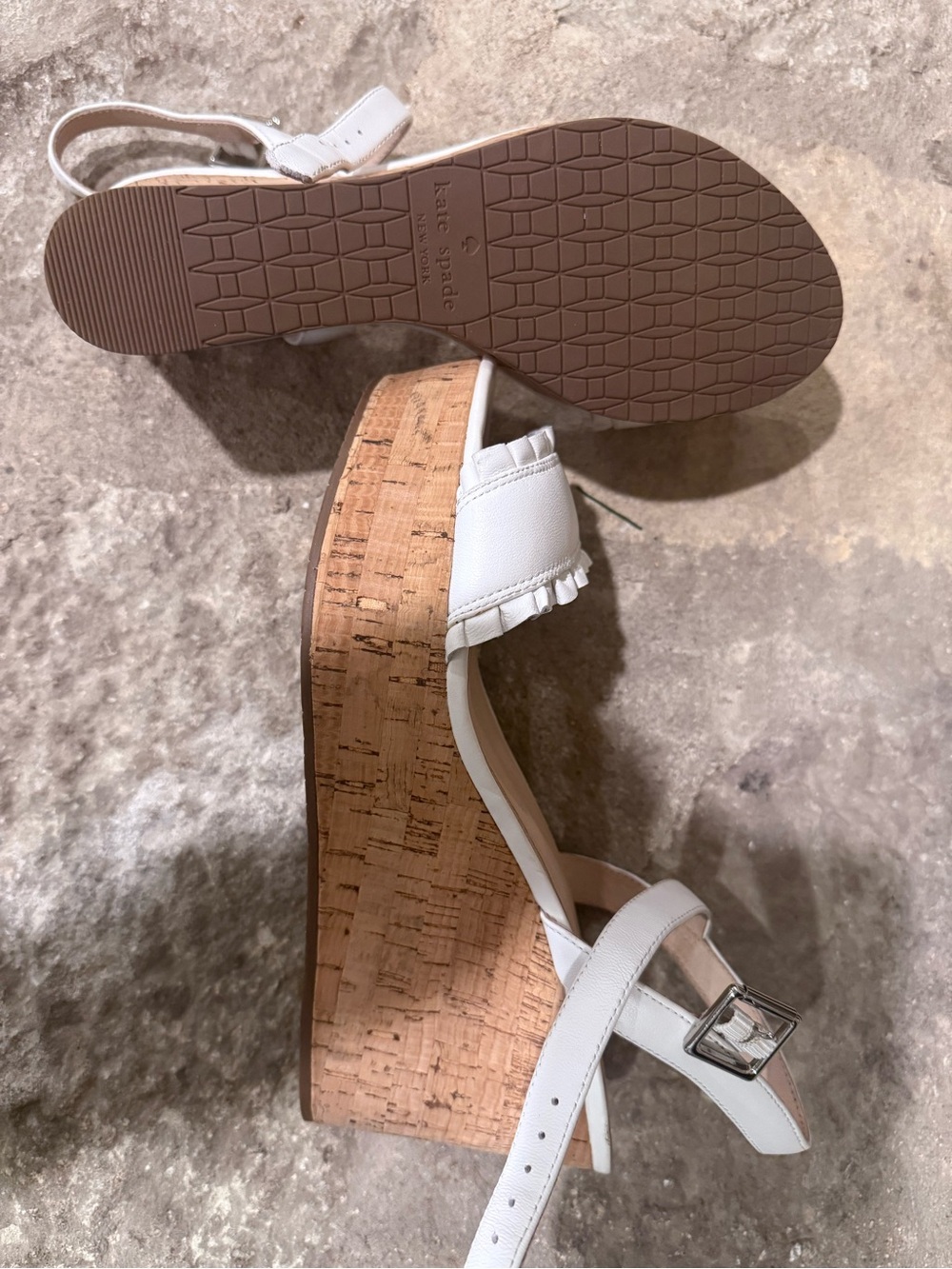 kate spade White Cork Wedge Sandals with Ruffle Strap